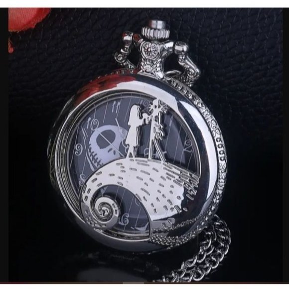New! Nightmare Before Christmas Dial Silver Quartz Pocket Watch With Chain Men W - Picture 1 of 4